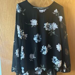 Suzy Shier Black Blouse with Blue and Light Lilac Floral Print